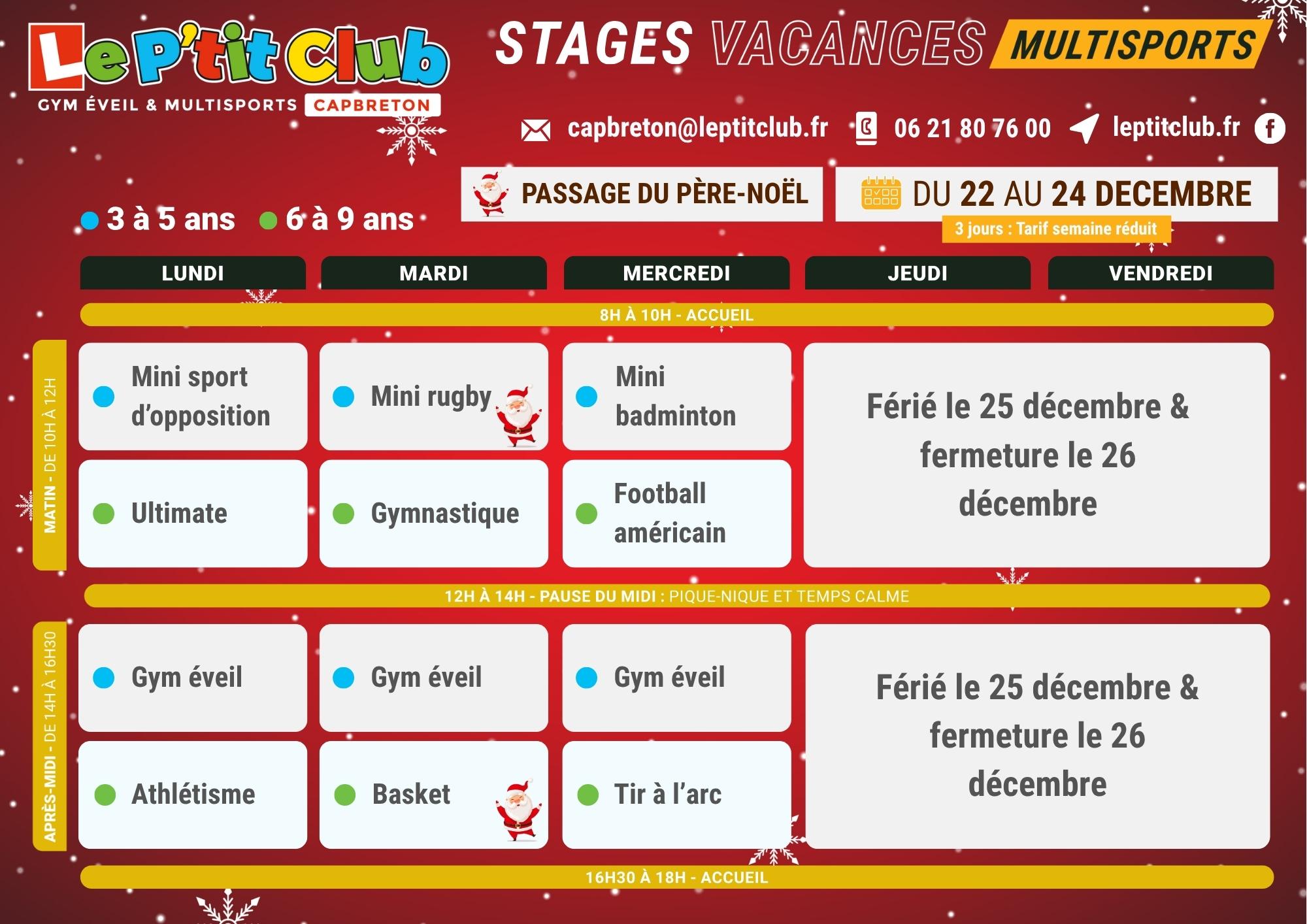 Planning 1 stages vacances de Noël 2025 Le P'tit Club Capbreton