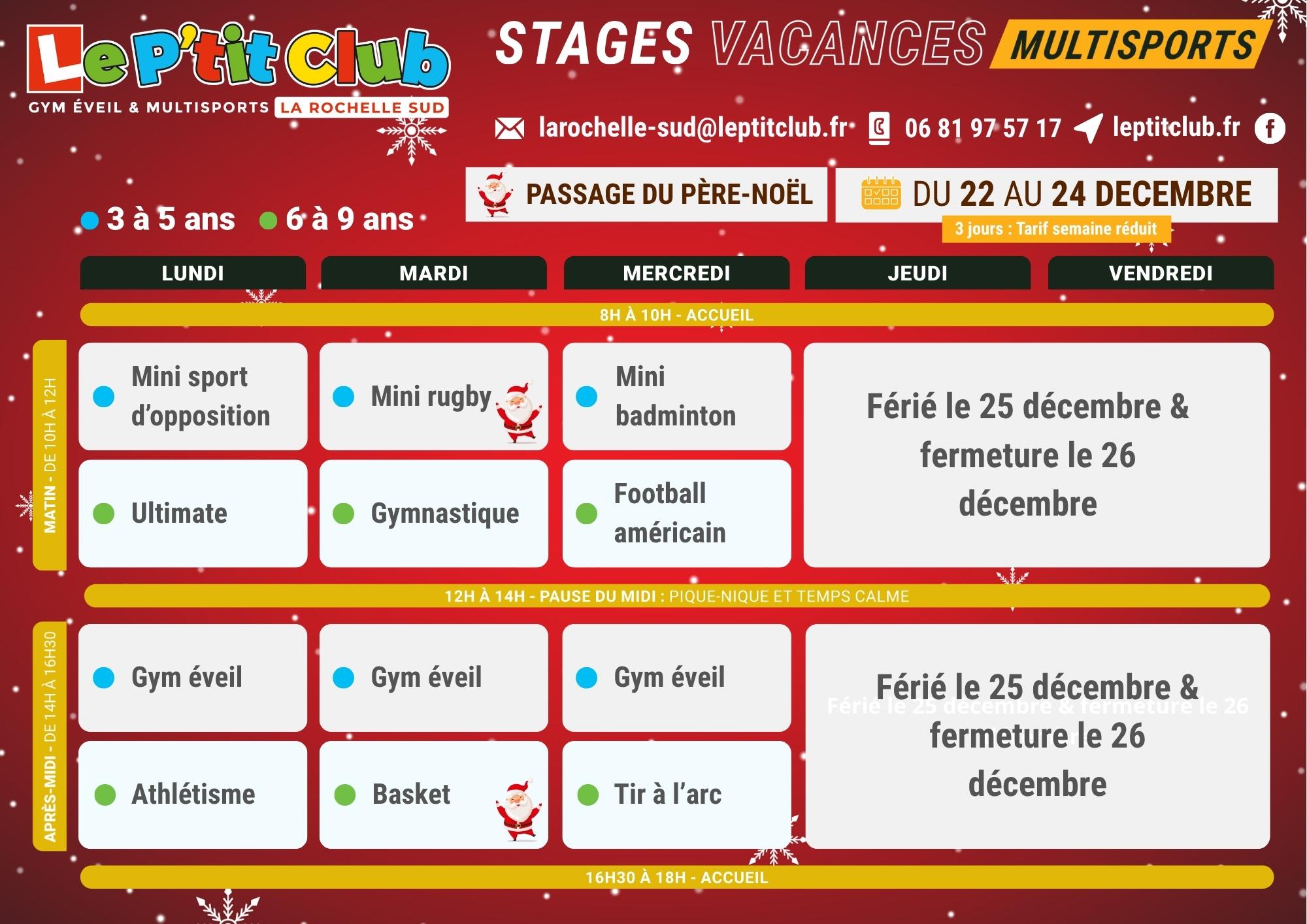 Planning 1 stages vacances de Noël 2025 Le P'tit Club La Rochelle