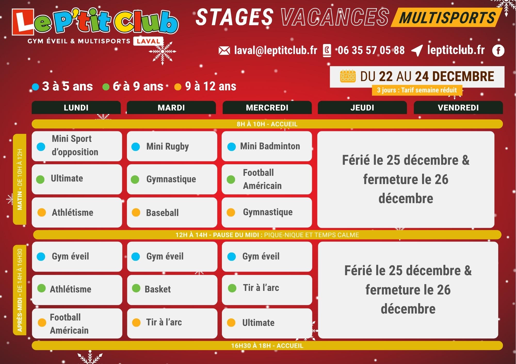 Planning 1 stages vacances de Noël 2025 Le P'tit Club Laval