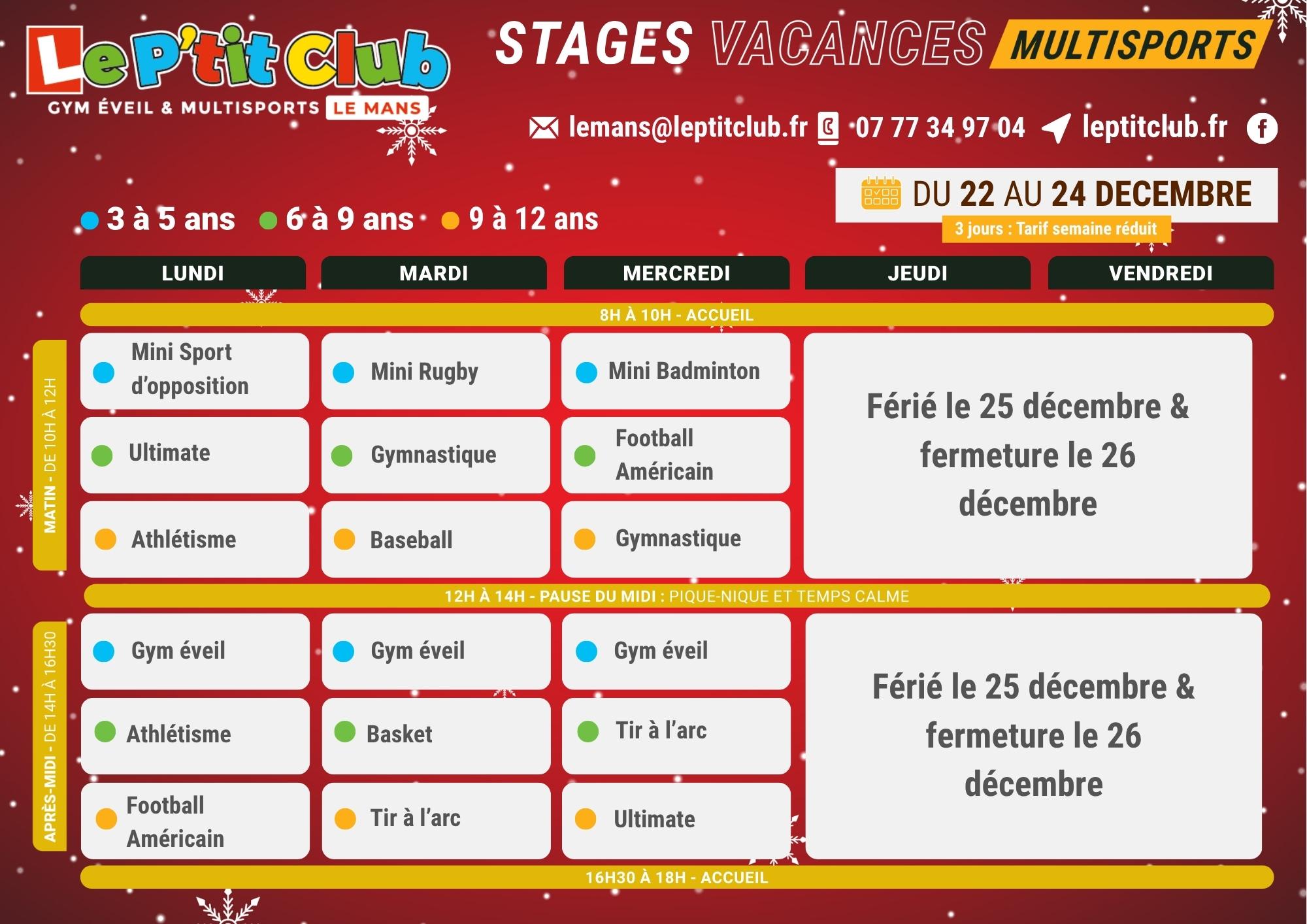 Planning 1 stages vacances de Noël 2025 Le P'tit Club Le Mans