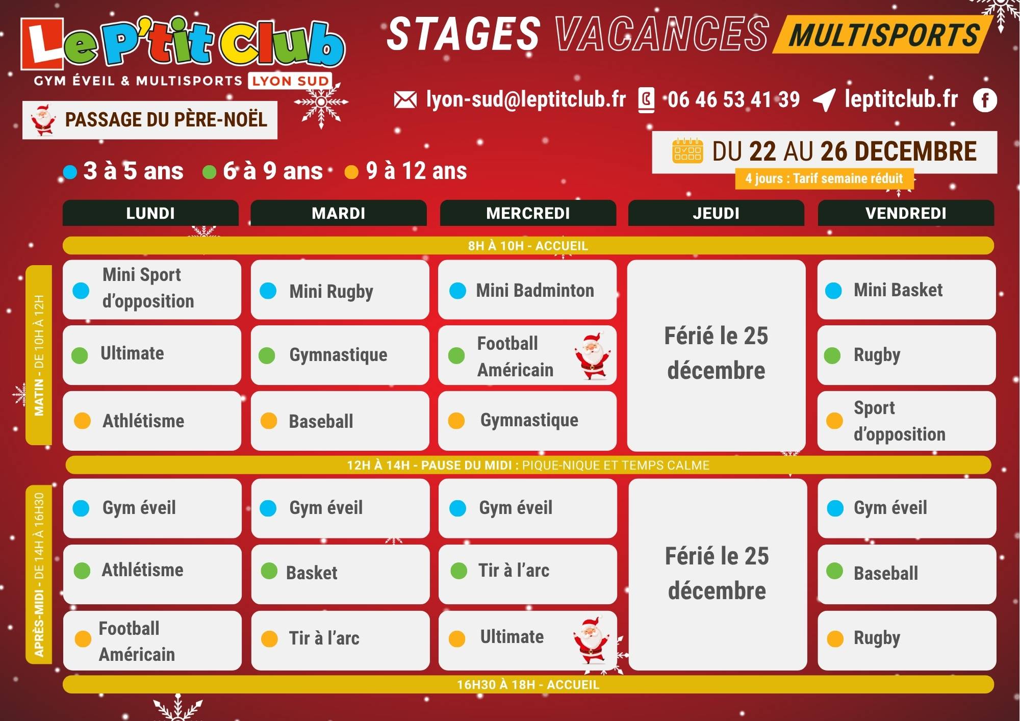 Planning 1 stages vacances de Noël 2025 Le P'tit Club Lyon Sud