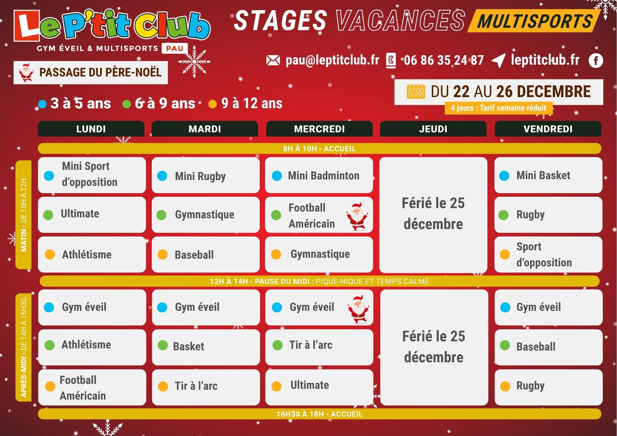 Planning 1 stages vacances de Noël 2025 Le P'tit Club Pau