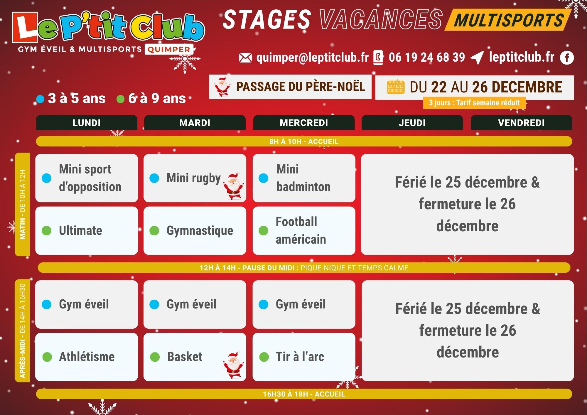 Planning 1 stages vacances de Noël 2025 Le P'tit Club Quimper