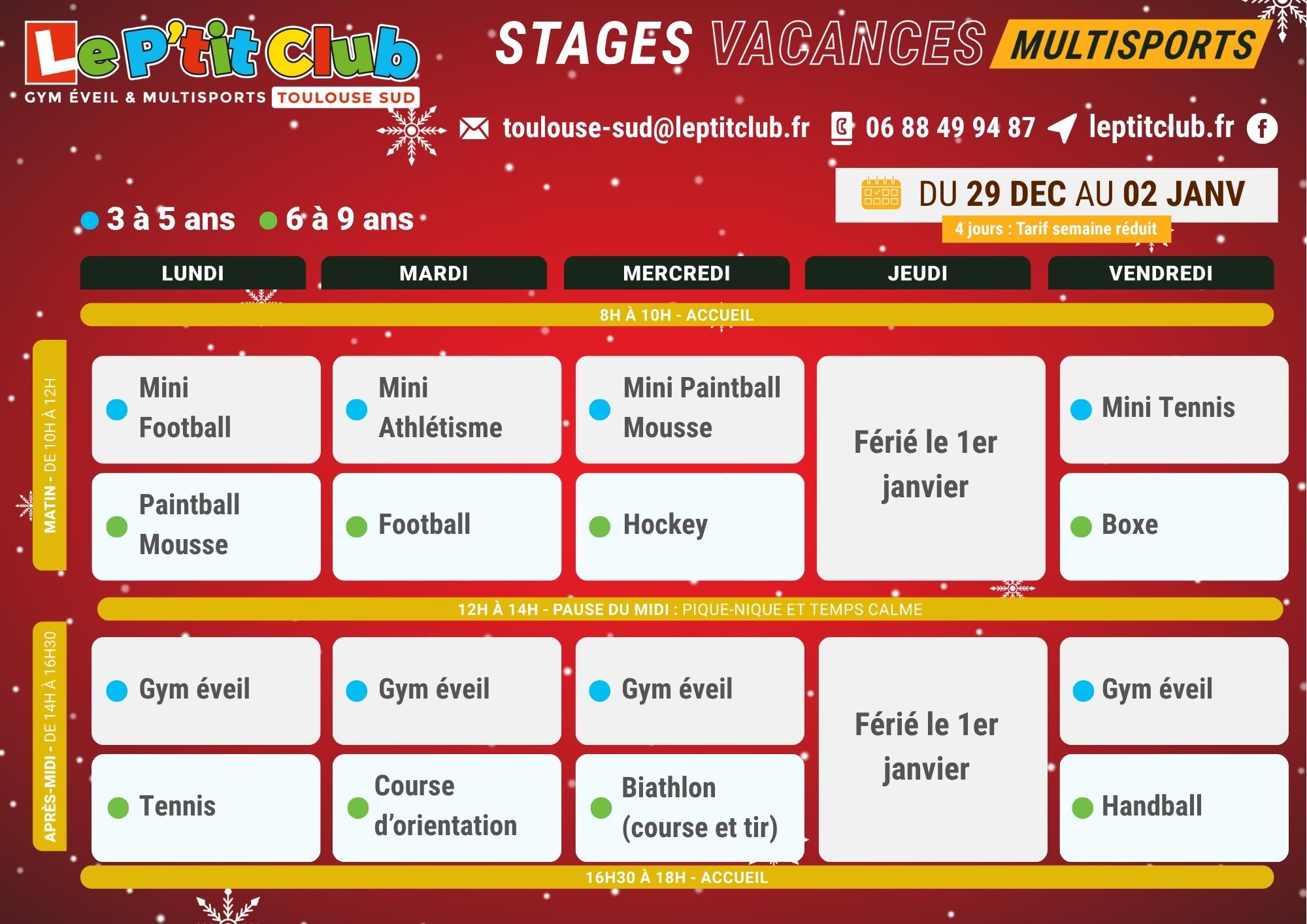Planning 2 stages vacances de Noël 2025 Le P'tit Club Toulouse-Sud