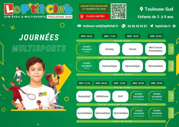 Planning journées multisports du mercredi mars-avril 2026 Le P'tit Club Toulouse Sud