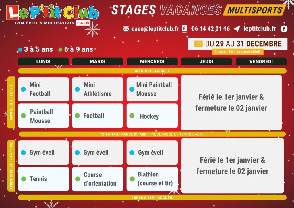 Planning 2 stages vacances de Noël 2025 Le P'tit Club Caen