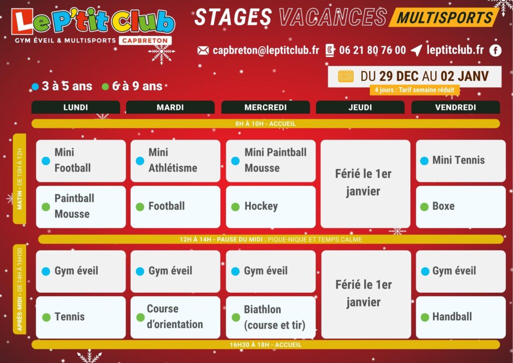 Planning 2 stages vacances de Noël 2025 Le P'tit Club Capbreton