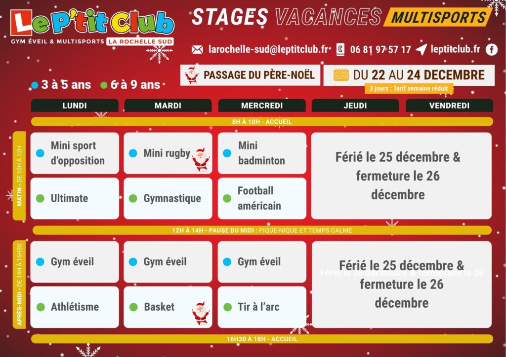 Planning 1 stages vacances de Noël 2025 Le P'tit Club La Rochelle
