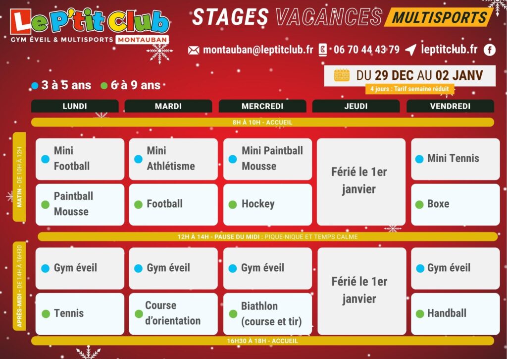 Planning 2 stages vacances de Noël 2025 Le P'tit Club Montauban