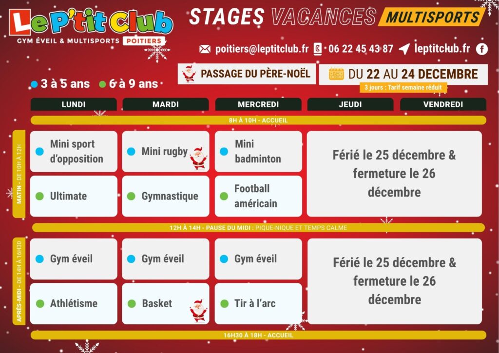 Planning 1 stages vacances de Noël 2025 Le P'tit Club Poitiers