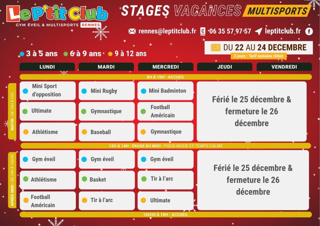 Planning 1 stages vacances de Noël 2025 Le P'tit Club Rennes
