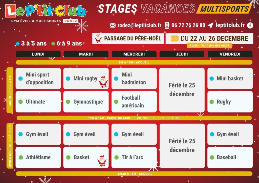 Planning 1 stages vacances de la Noël 2025 Le P'tit Club Rodez