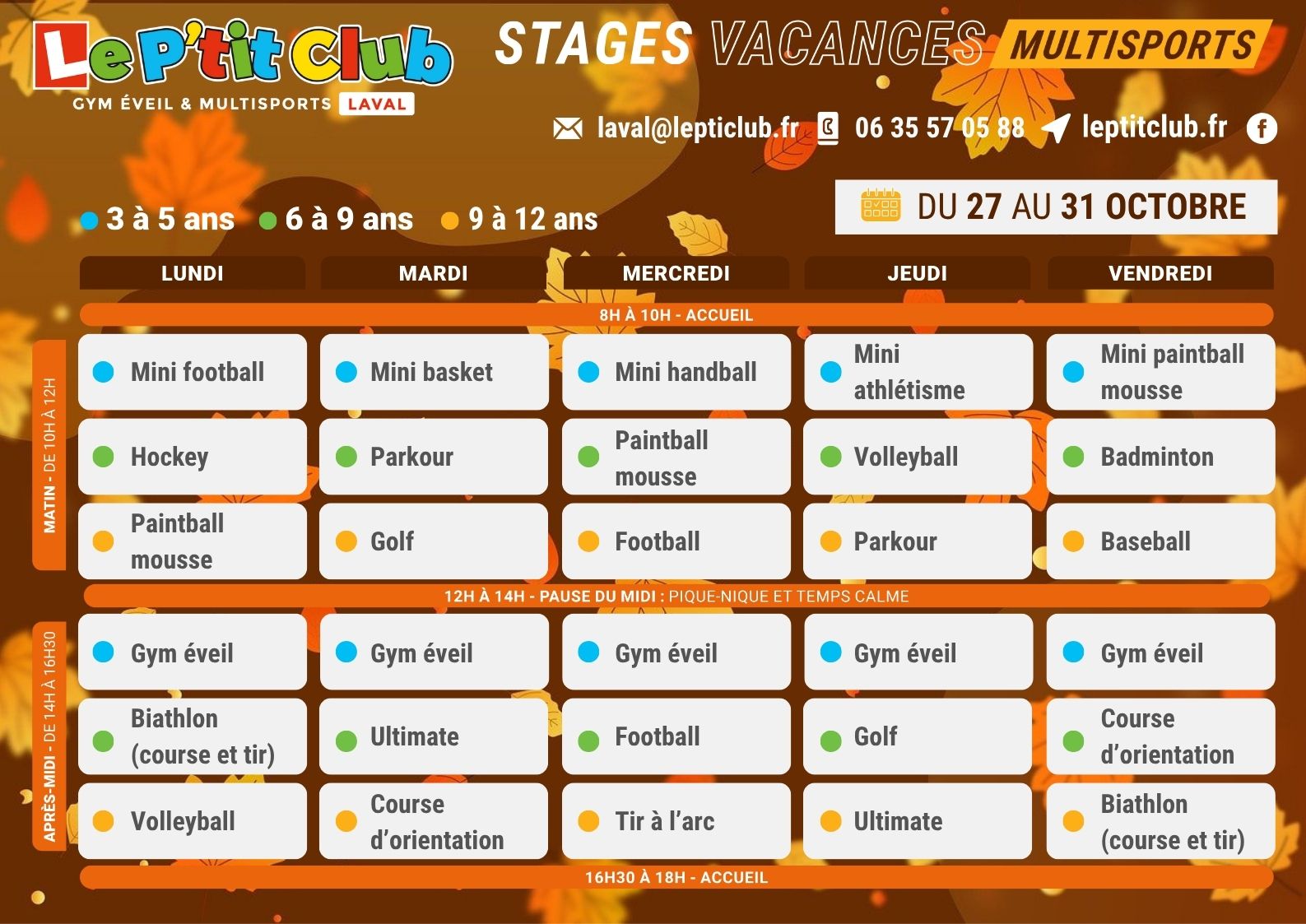 Planning 2 stages vacances de la Toussaint 2025 Le P'tit Club Laval
