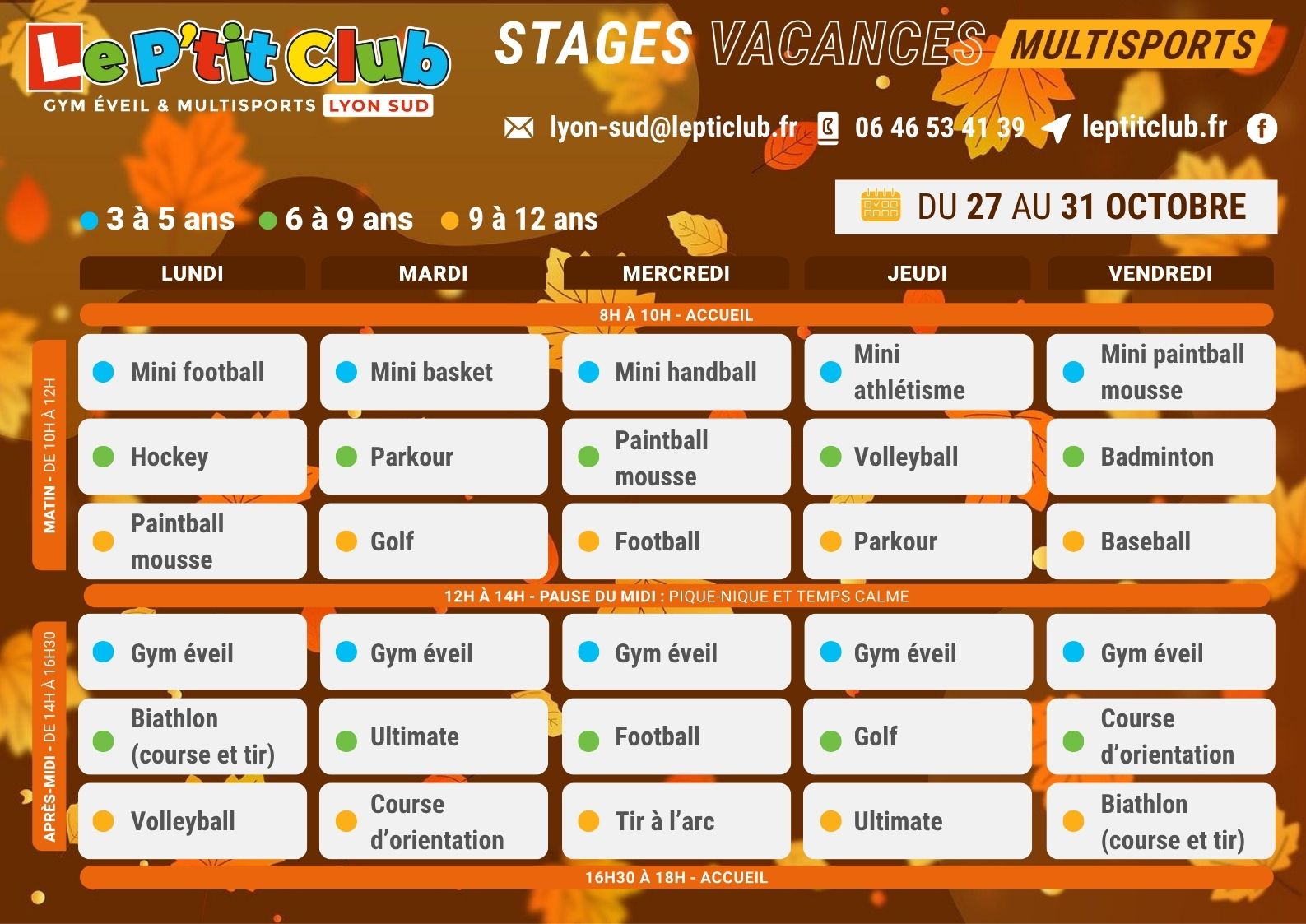 Planning 2 stages vacances de la Toussaint 2025 Le P'tit Club Lyon Sud