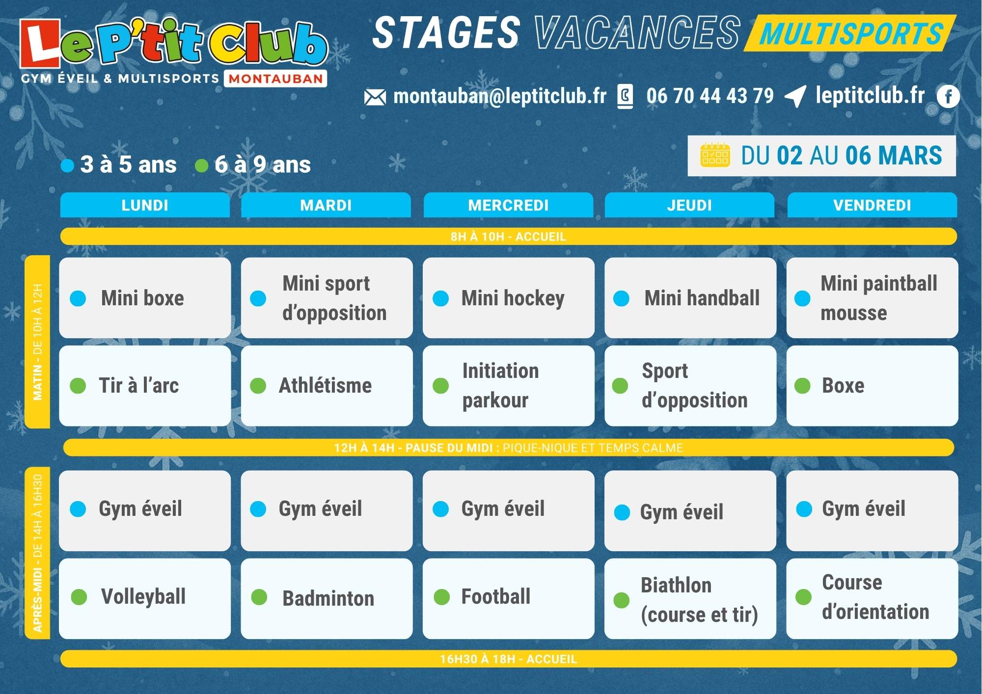 Planning 2 stages vacances d'Hiver 2026 Le P'tit Club Montauban