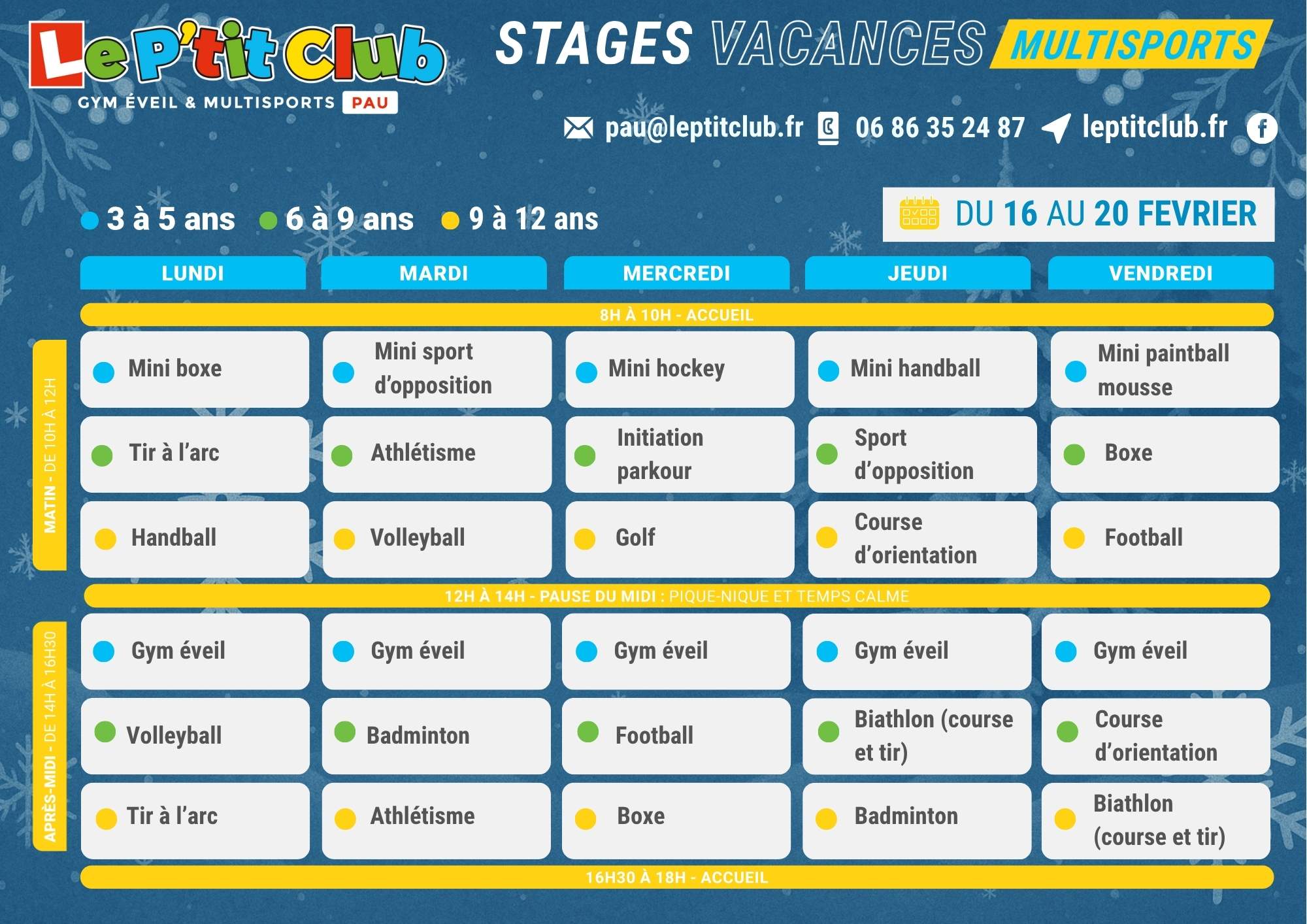Planning 2 stages vacances d'Hiver 2026 Le P'tit Club Pau