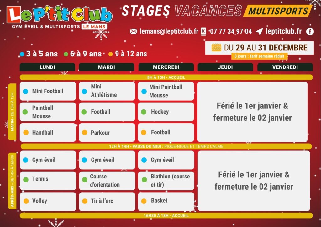 Planning 2 stages vacances de Noël 2025 Le P'tit Club Le Mans