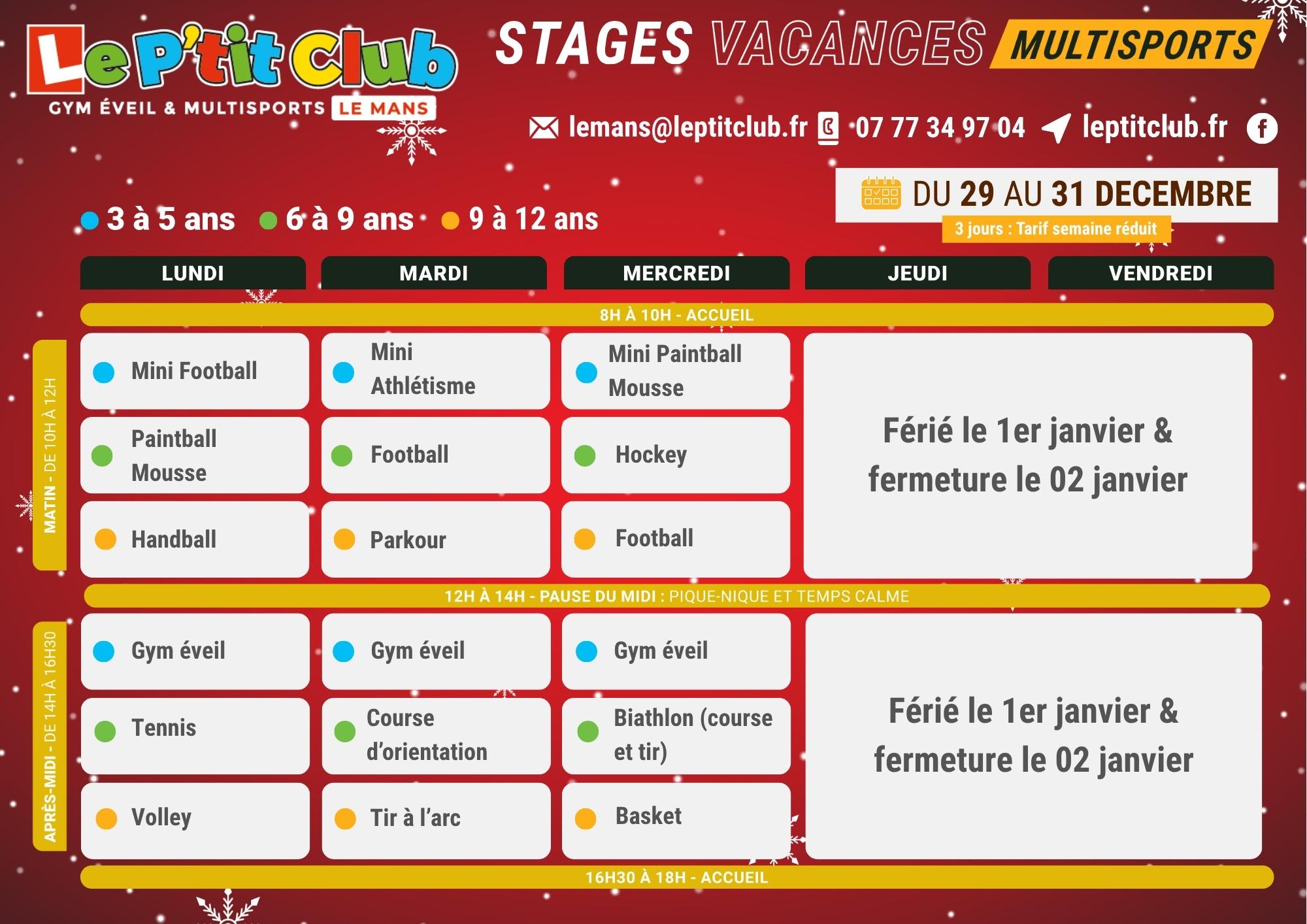 Planning 2 stages vacances de Noël 2025 Le P'tit Club Le Mans