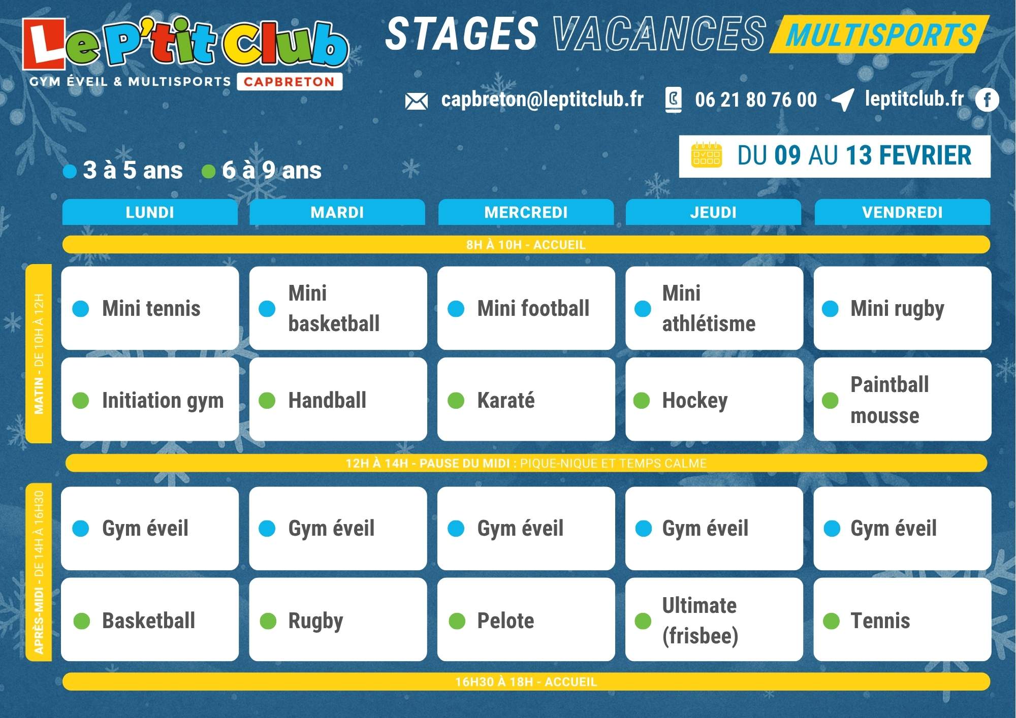 Planning 1 stages vacances d'Hiver 2026 Le P'tit Club Capbreton