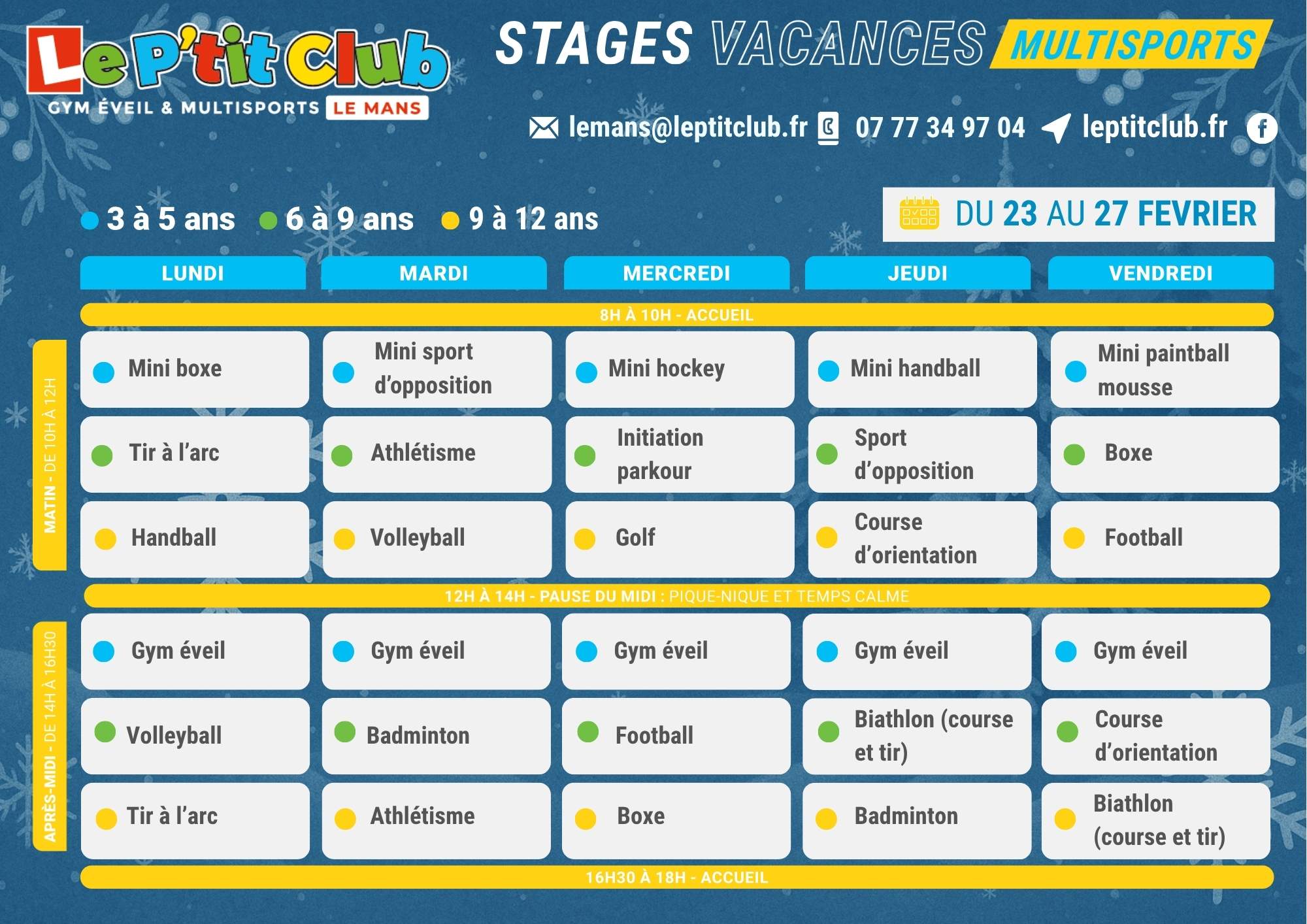 Planning 2 stages vacances d'Hiver 2026 Le P'tit Club Le Mans
