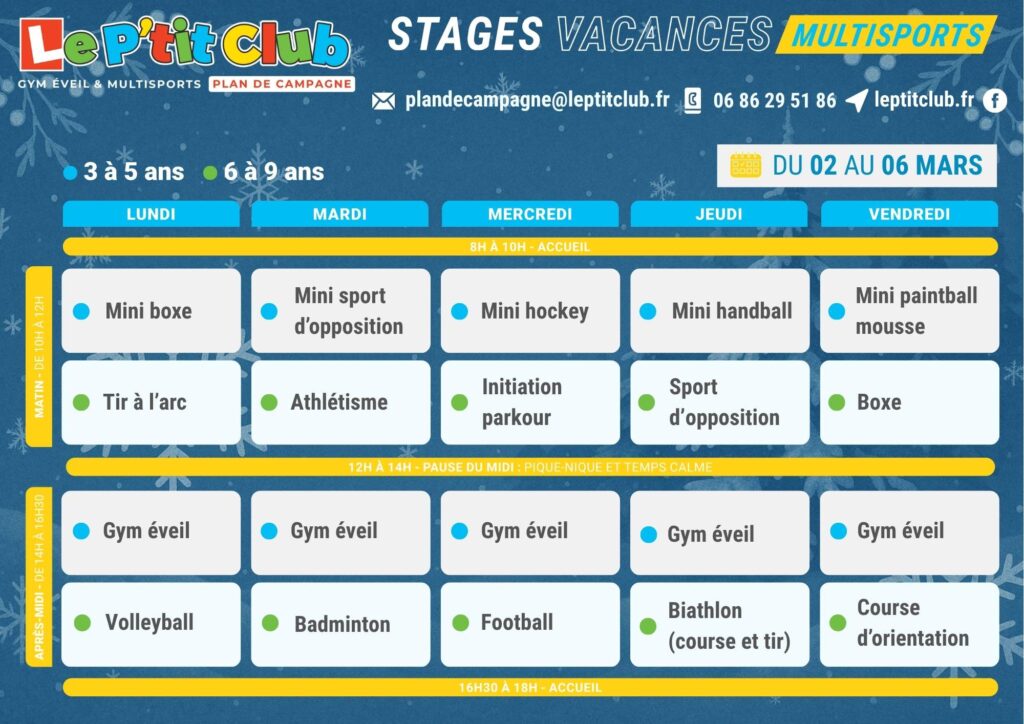 Planning 2 stages vacances d'Hiver 2026 Le P'tit Club Plan De Campagne