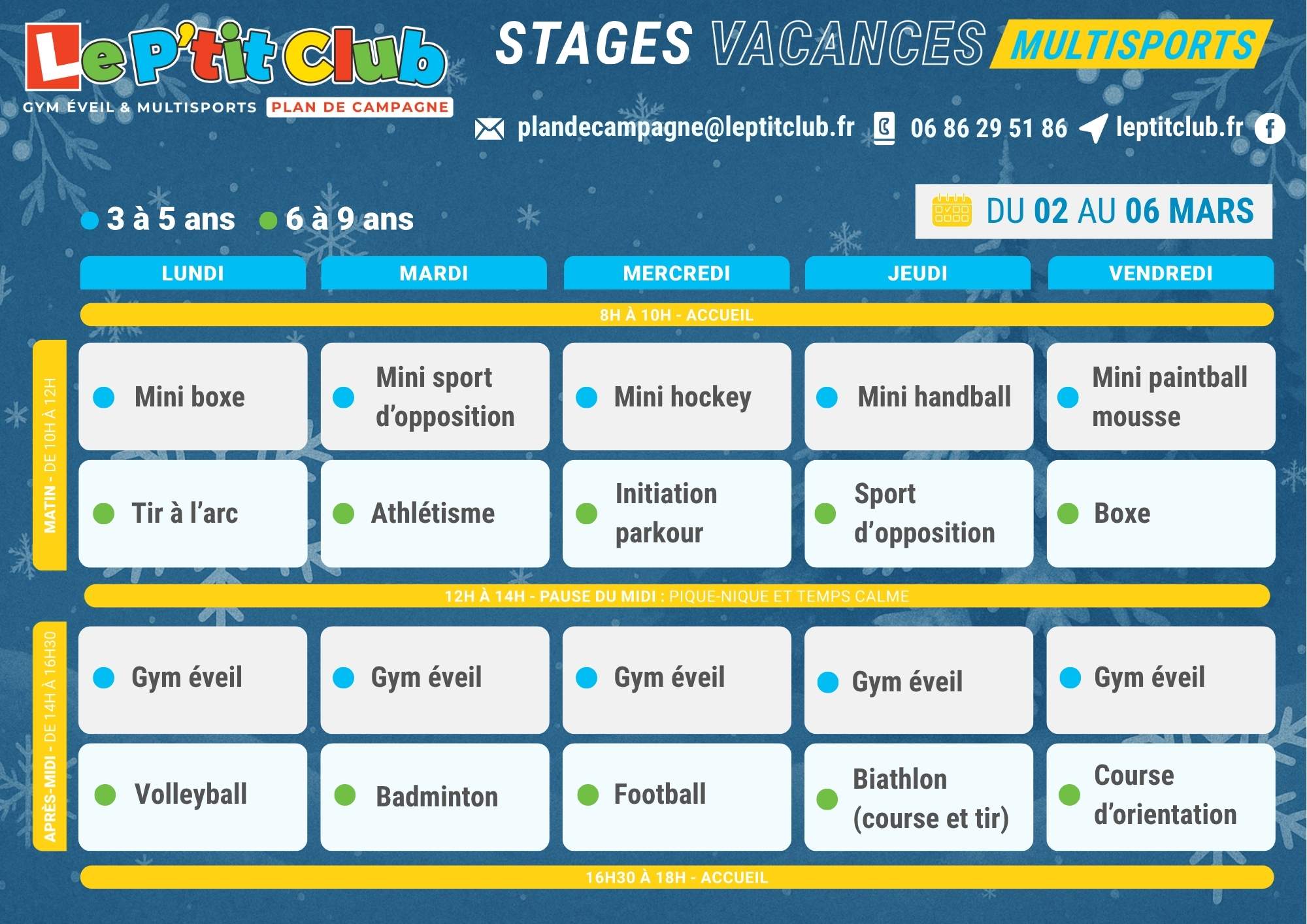 Planning 2 stages vacances d'Hiver 2026 Le P'tit Club Plan De Campagne