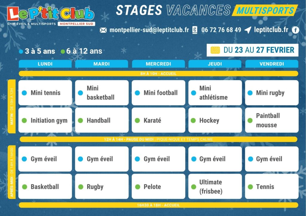 Planning 1 stages vacances d'Hiver 2026 Le P'tit Club Montpellier Sud