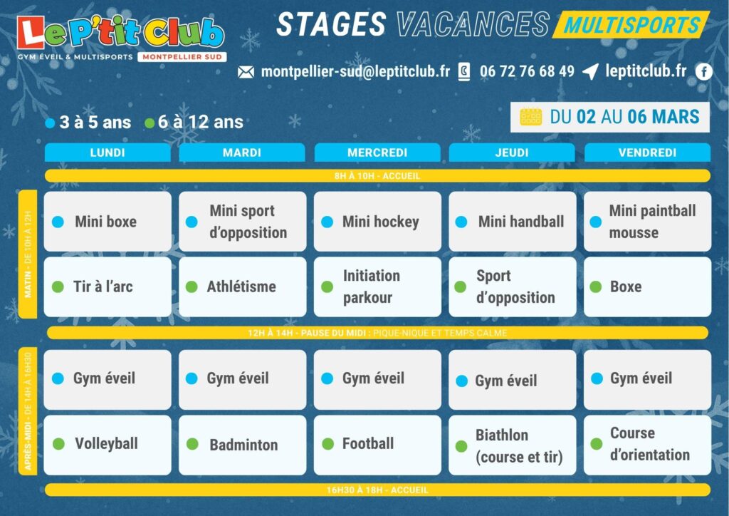 Planning 2 stages vacances d'Hiver 2026 Le P'tit Club Montpellier Sud