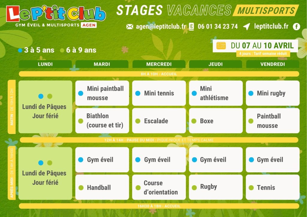 Planning 1 stages vacances de Pâques 2026 Le P'tit Club Agen