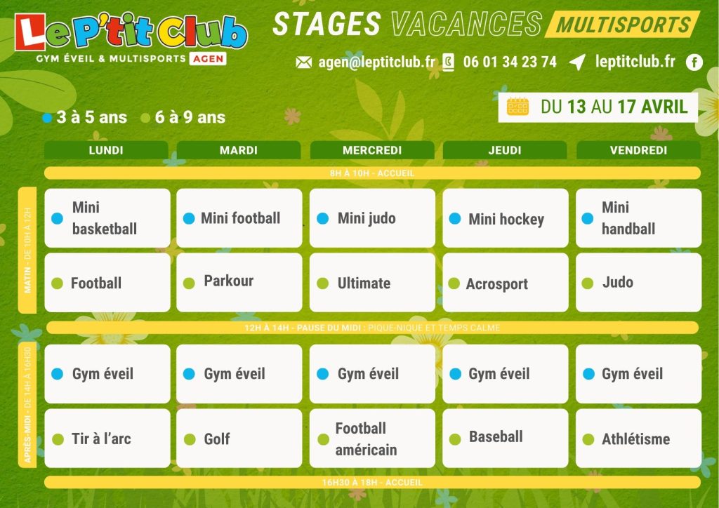 Planning 2 stages vacances de Pâques 2026 Le P'tit Club Agen