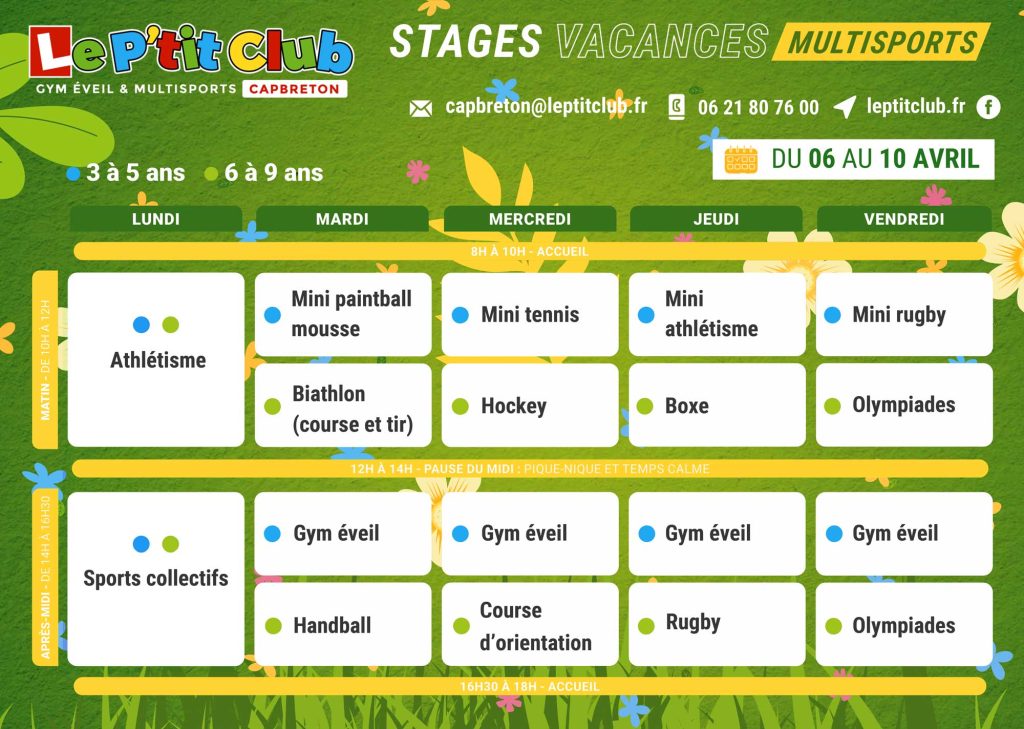 Planning 1 stages vacances de Pâques 2026 Le P'tit Club Capbreton