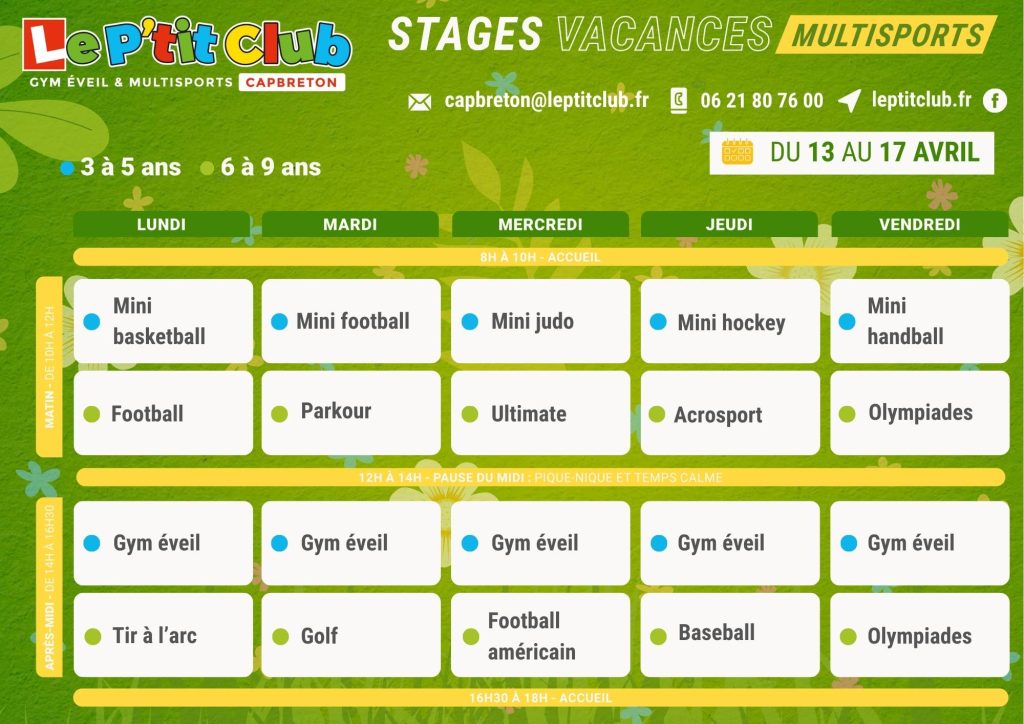 Planning 2 stages vacances de Pâques 2026 Le P'tit Club Capbreton