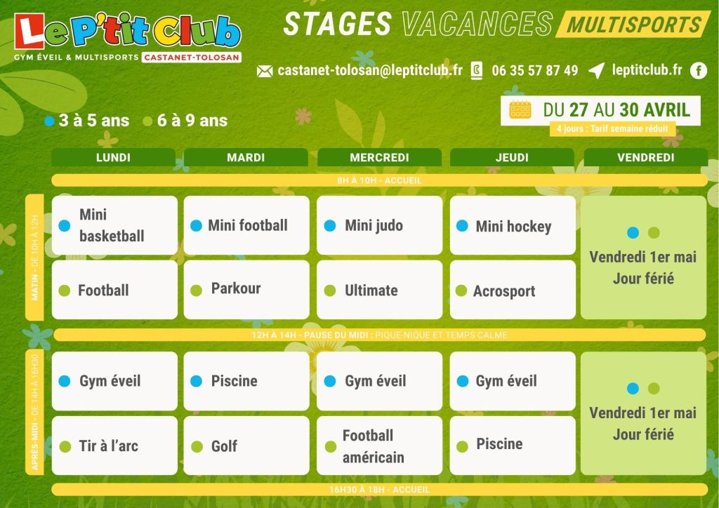 Planning 2 stages vacances de Pâques 2026 Le P'tit Club Castanet-Tolosan