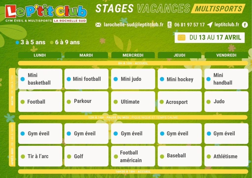 Planning 2 stages vacances de Pâques 2026 Le P'tit Club La Rochelle