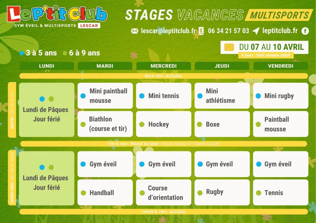Planning 1 stages vacances de Pâques 2026 Le P'tit Club Lescar