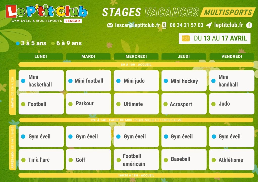 Planning 2 stages vacances de Pâques 2026 Le P'tit Club Lescar