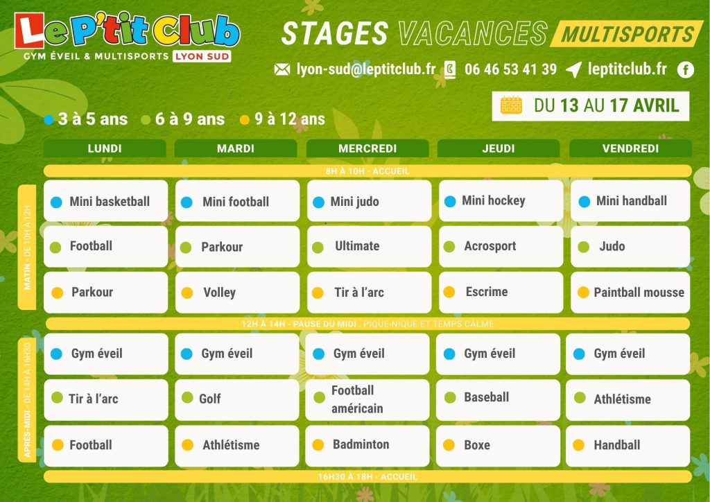 Planning 2 stages vacances de Pâques 2026 Le P'tit Club Lyon Sud