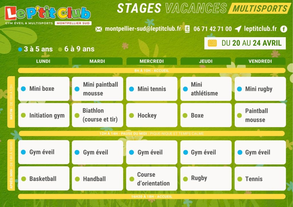 Planning 1 stages vacances de Pâques 2026 Le P'tit Club Montpellier Sud