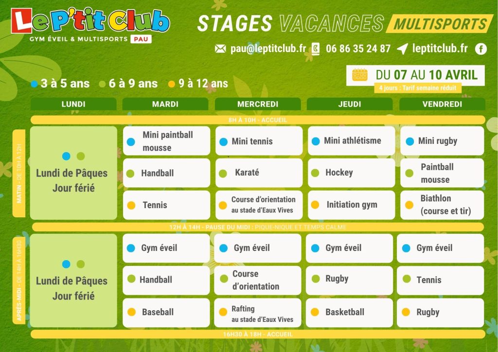 Planning 1 stages vacances de Pâques 2026 Le P'tit Club Pau