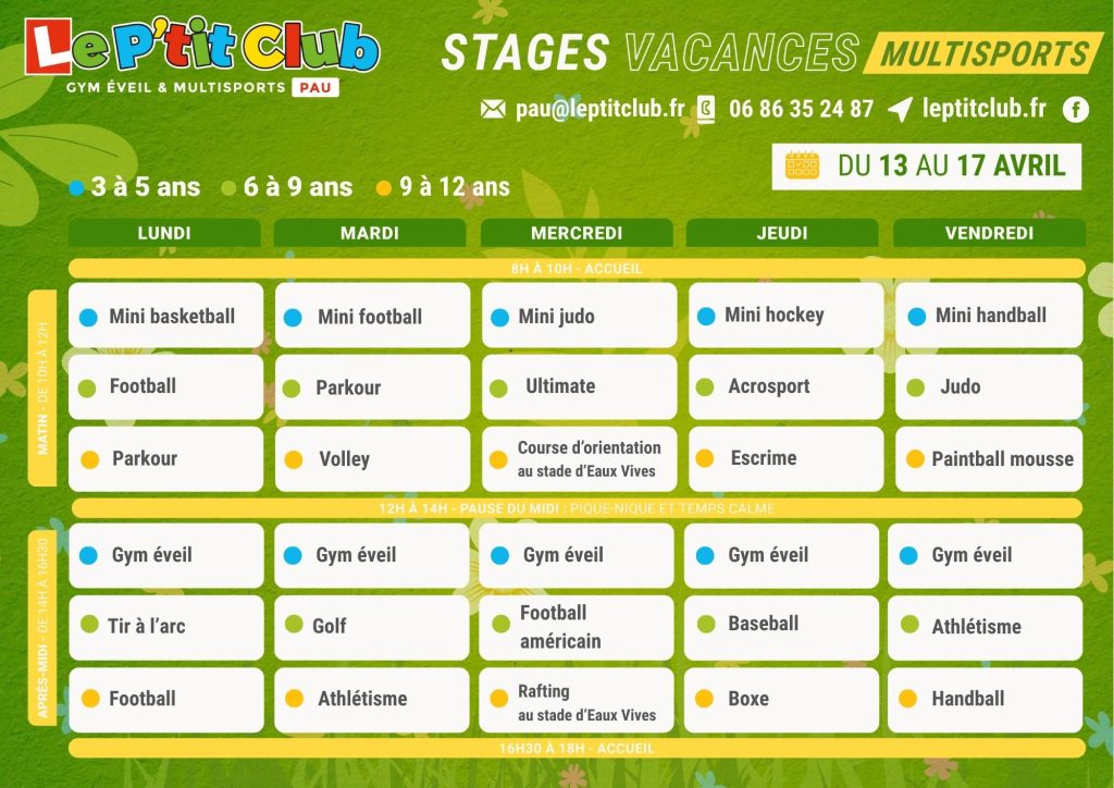 Planning 2 stages vacances de Pâques 2026 Le P'tit Club Pau