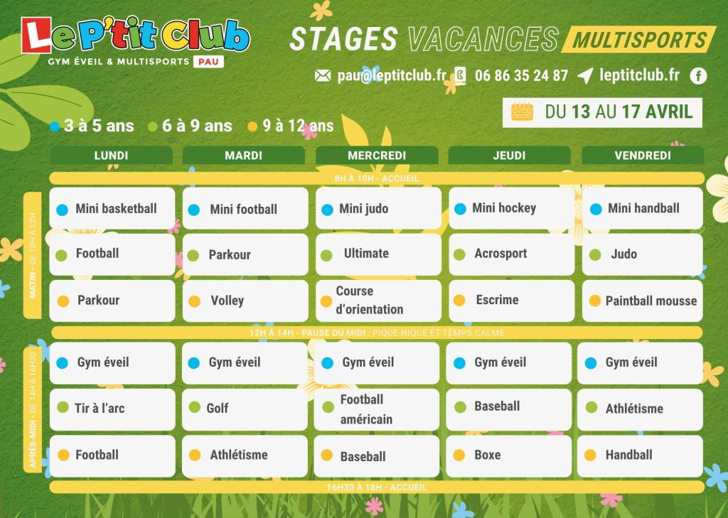 Planning 2 stages vacances de Pâques 2026 Le P'tit Club Pau