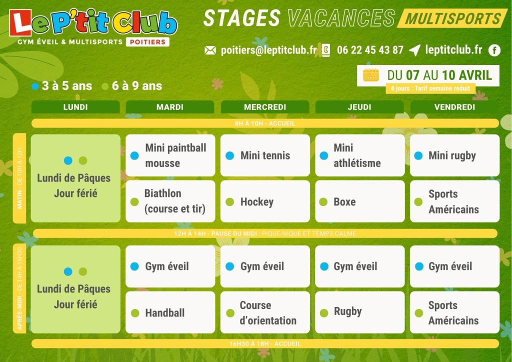 Planning 1 stages vacances de Pâques 2026 Le P'tit Club Poitiers
