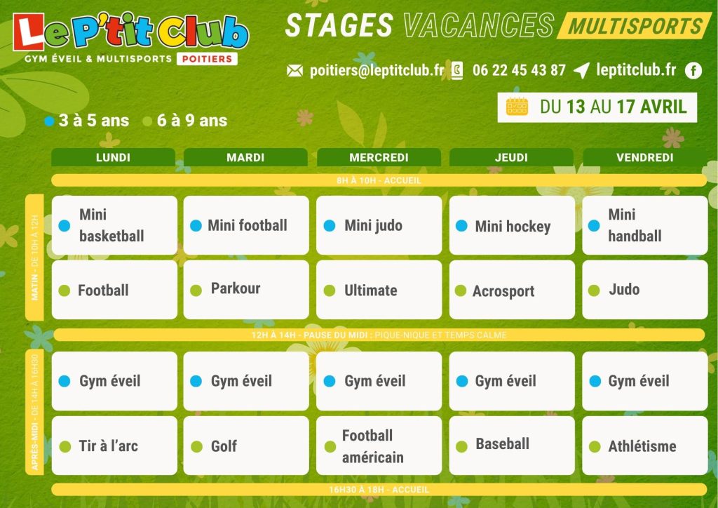 Planning 2 stages vacances de Pâques 2026 Le P'tit Club Poitiers