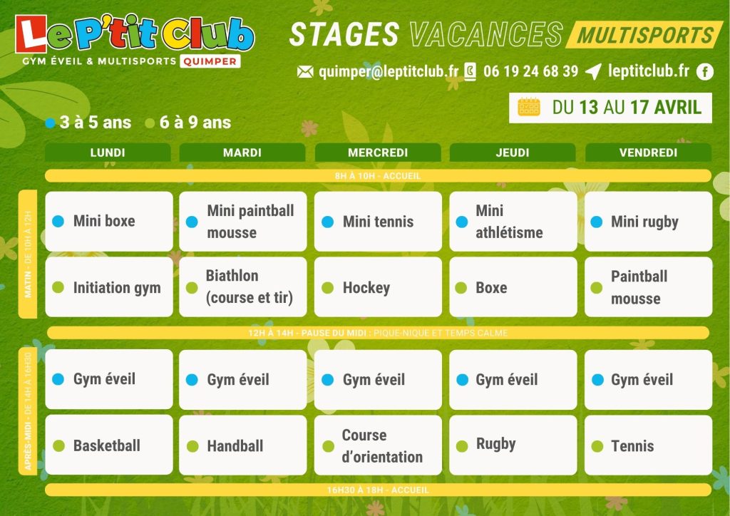 Planning 1 stages vacances de Pâques 2026 Le P'tit Club Quimper