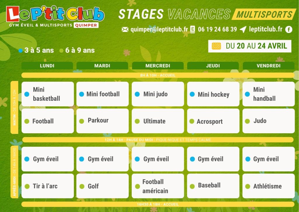 Planning 2 stages vacances de Pâques 2026 Le P'tit Club Quimper