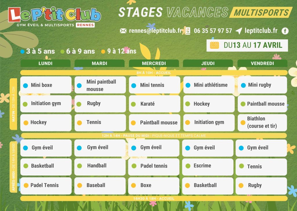 Planning 1 stages vacances de Pâques 2026 Le P'tit Club Rennes
