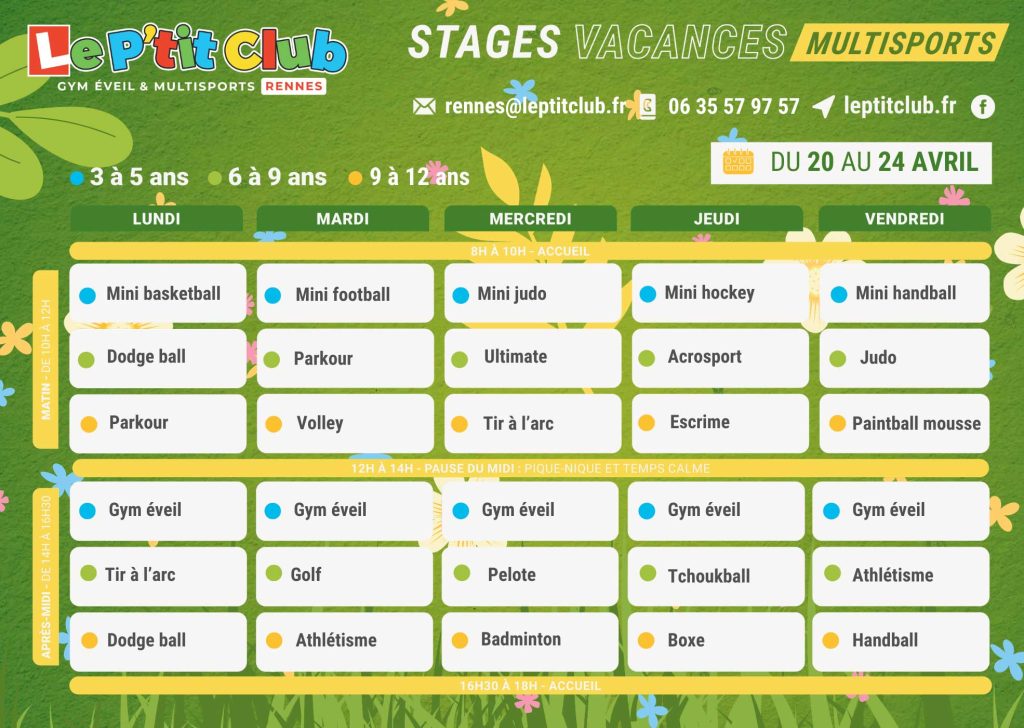 Planning 2 stages vacances de Pâques 2026 Le P'tit Club Rennes