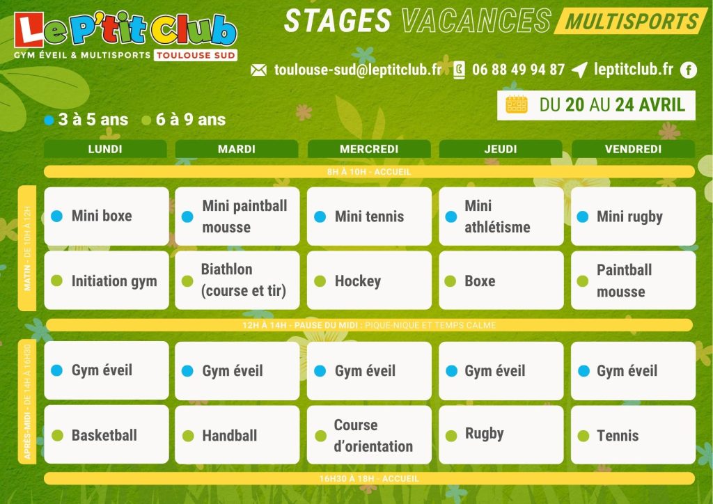 Planning 1 stages vacances de Pâques 2026 Le P'tit Club Toulouse Sud