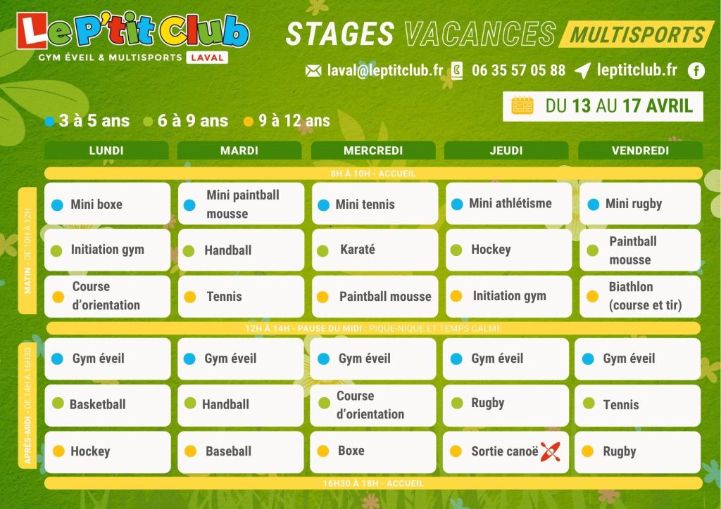 Planning 1 Stages vacances de Pâques 2026 Le P'tit Club Laval