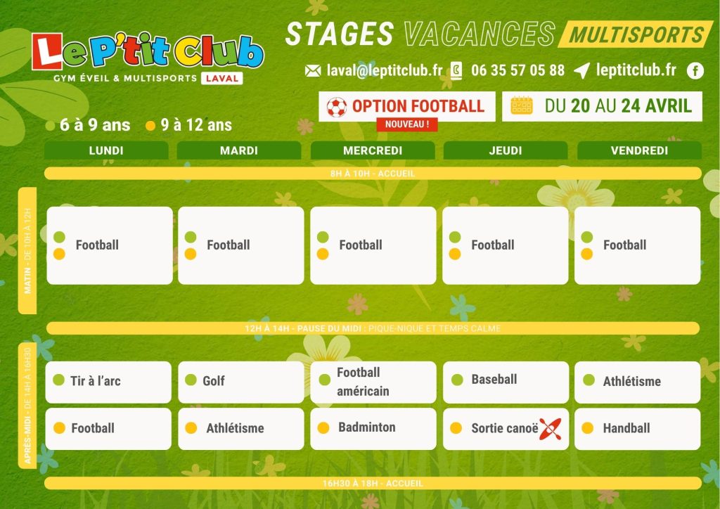 Planning 2 Stages vacances Foot de Pâques 2026 Le P'tit Club Laval